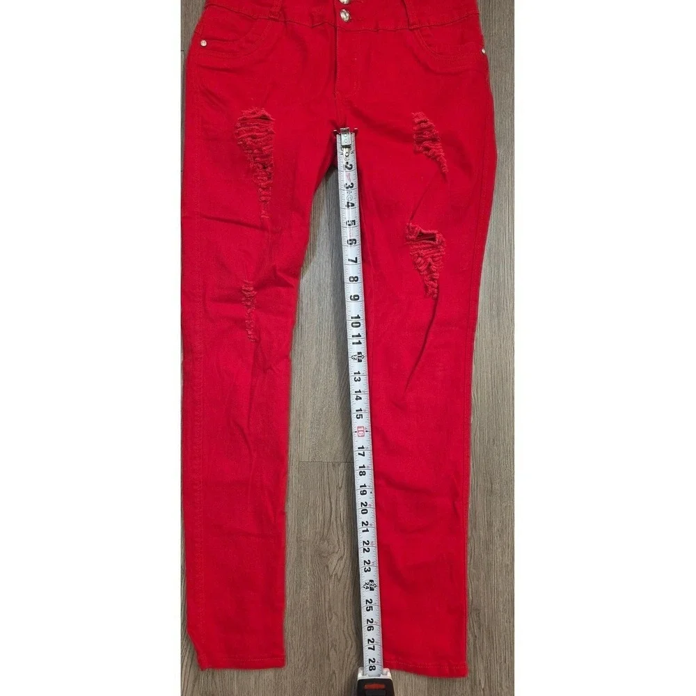 Silver Diva‎ Red Distressed Skinny Jeans High Rise Rhinestone Pocket Size 9